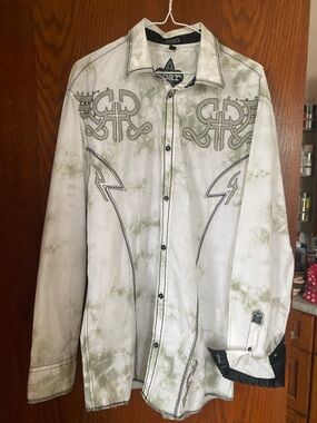 ROAR Men's L Long Sleeve Dress Shirt Green Tone Embroidery & Rhinestones NWOT